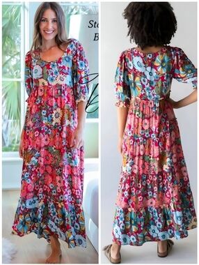 Natural Life Floral Boho Tiered Colorful Colette Maxi Dress, M